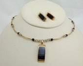 Vintage Necklace Earrings Signed KC Silver Gold Tone Black Enamel Inlaid Pierced