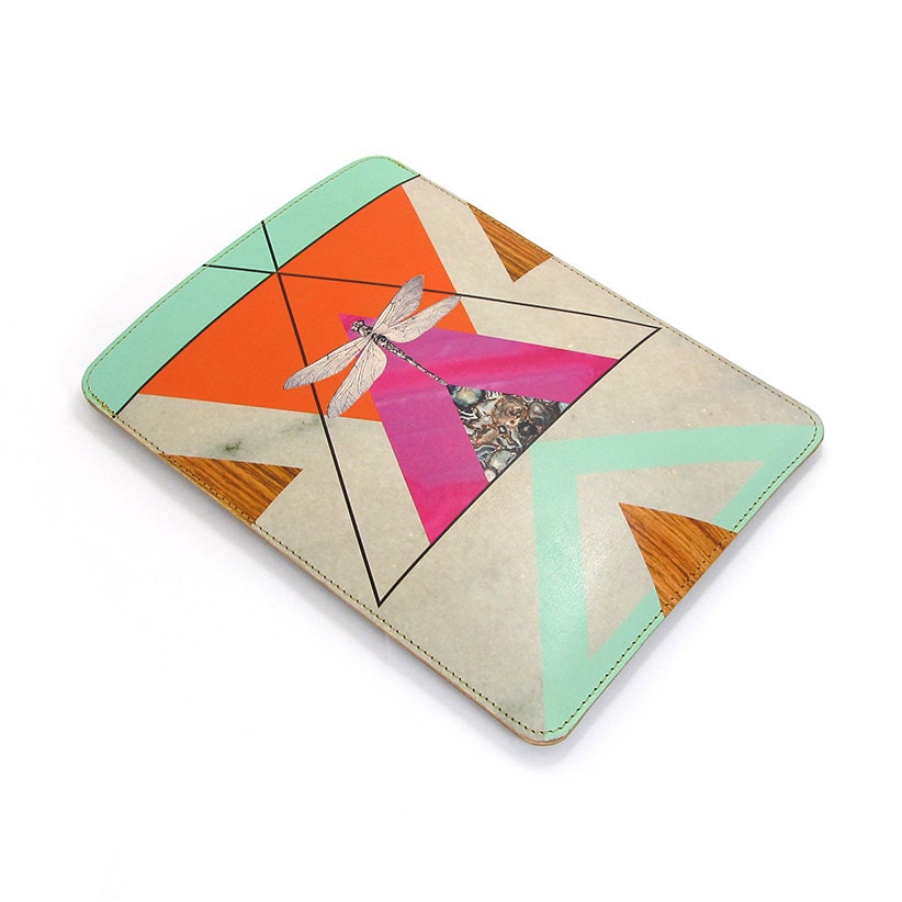 Leather iPad mini sleeve case - Dragonfly in Geometric landscape