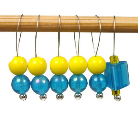 Beaded Stitch Markers Set, Knitting. Snag Free, Blue, Yellow, Gift for Knitter, Direct Checkout, TJBdesigns
