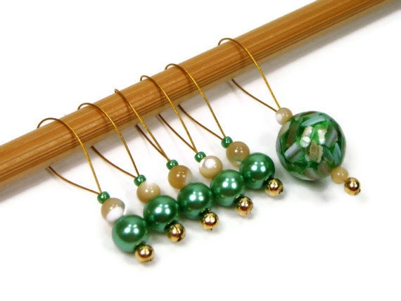 Beaded Knitting Stitch Markers Set, Snag Free, Knitting Tools, Green Pearl, Beige, Gift for Knitter, DIY Crafts, TJBdesigns