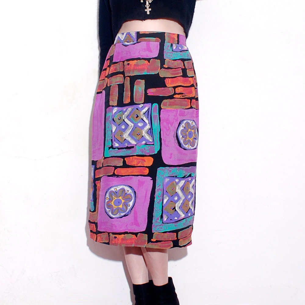 ABSTRACT PRINT SKIRT // 80s 90s rayon skirt, pencil skirt, high waisted skirt, abstract art print, geometric fabric, neon club festival