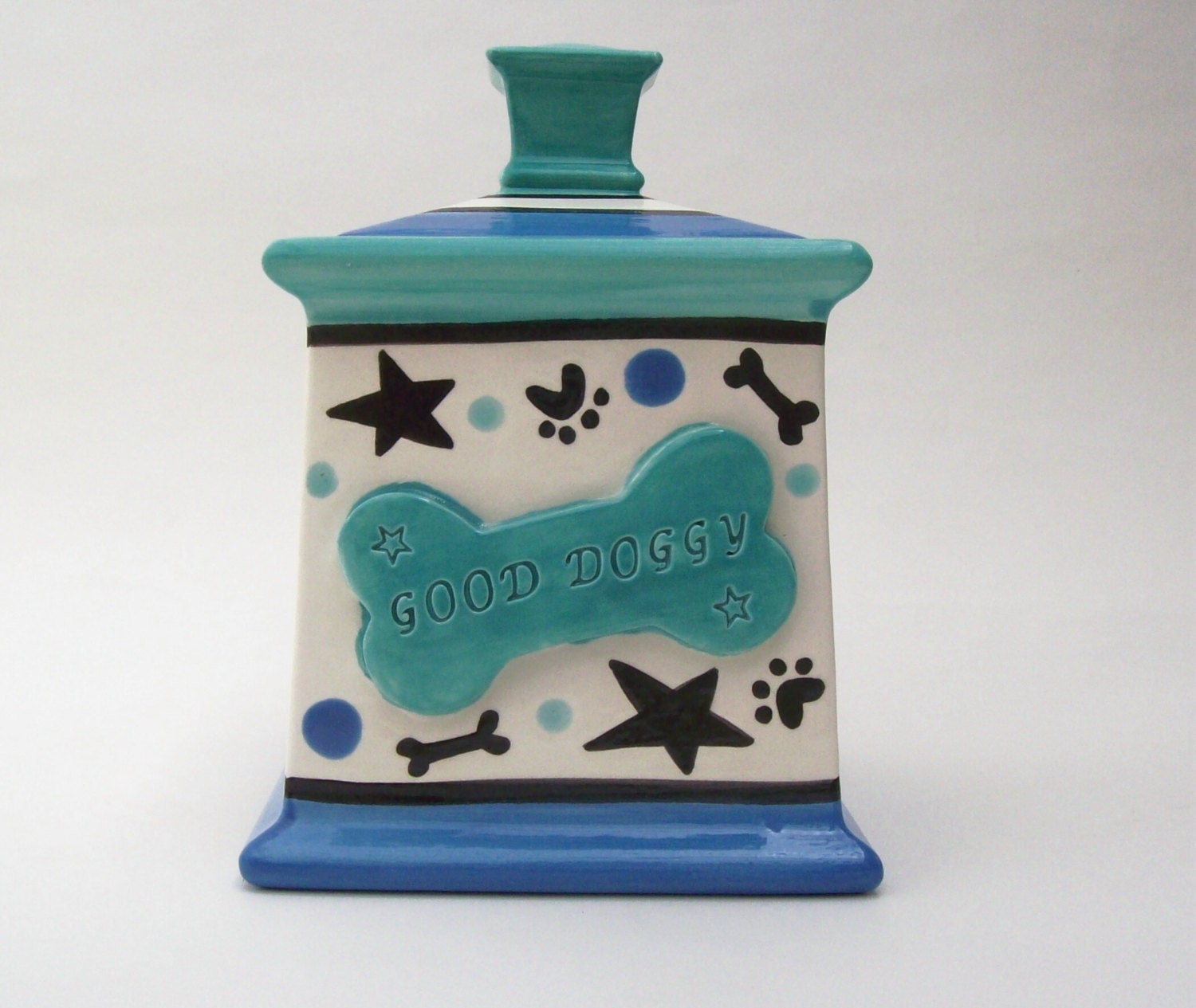 Blue and Turquoise Star  "Good Doggy" Treat Canister- Ready to ship