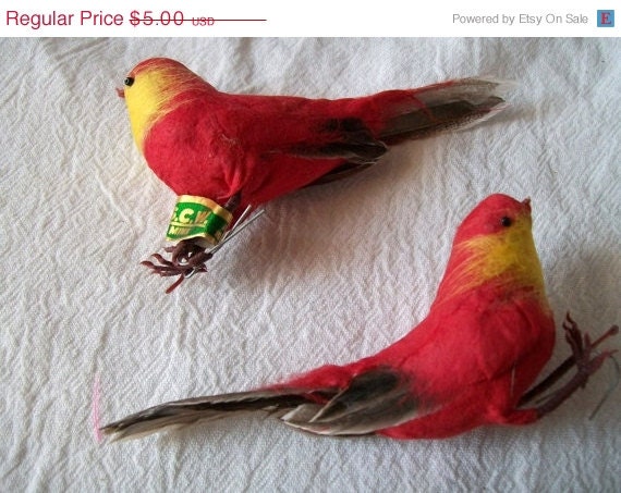 MEMORIAL DAY SALE Vintage Flocked Bird, Red Flocked Birds, Pair of Birds