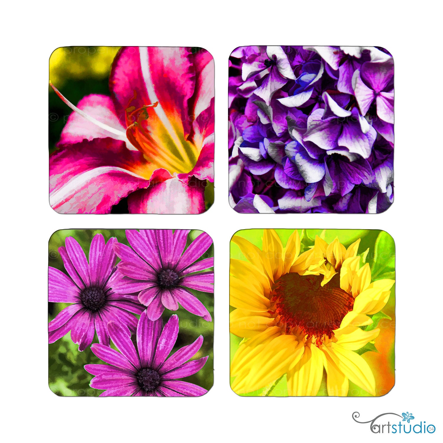Coasters - Set of Four - Painted Pixels - Flowers Garden - Cork Bottom - Pink, Orange, Yellow, Purple - Made by artstudio54