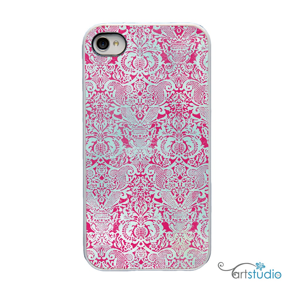 Teal Blue Pink Damask - White, Black, Clear Sides iPhone Case - IPhone 4S, 4 or 5 Hard Cover - Fun Bright Art Trendy Case - artstudio54