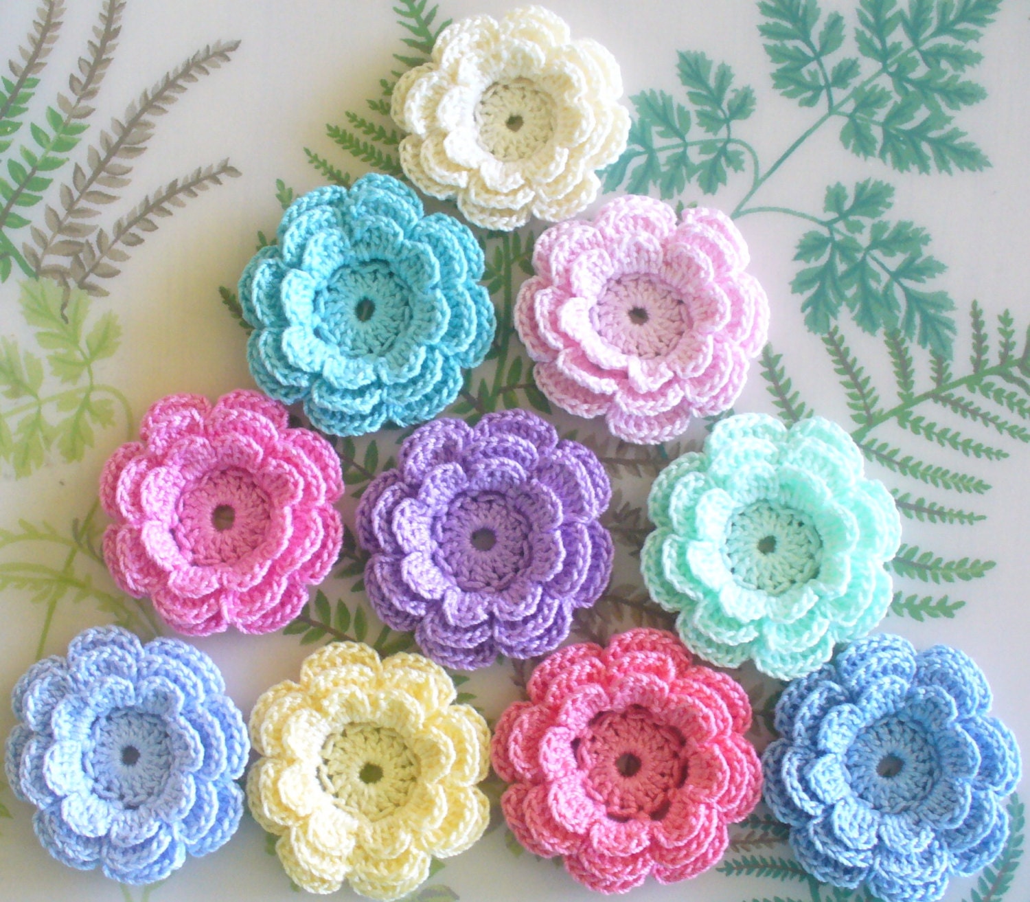 10 Small Crochet Flower Appliques, Three-Layer Flowers, Variety