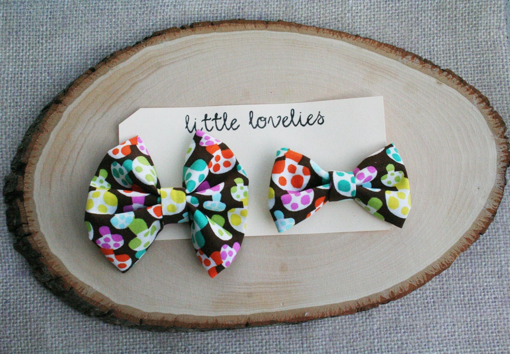 Sister Set - Two Fabric Bows in Colorful Toadstool Print