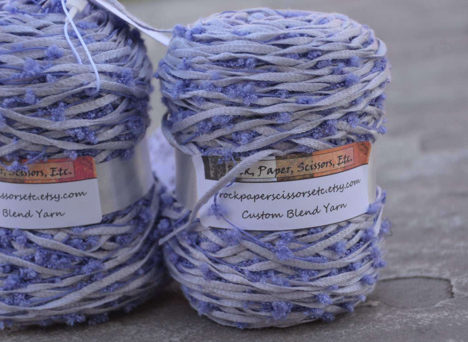 Custom Blend Yarn - 130 yds per skein, double skein, 2 ply multitextural pom acrylic lase ribbon blend in lavendar tones
