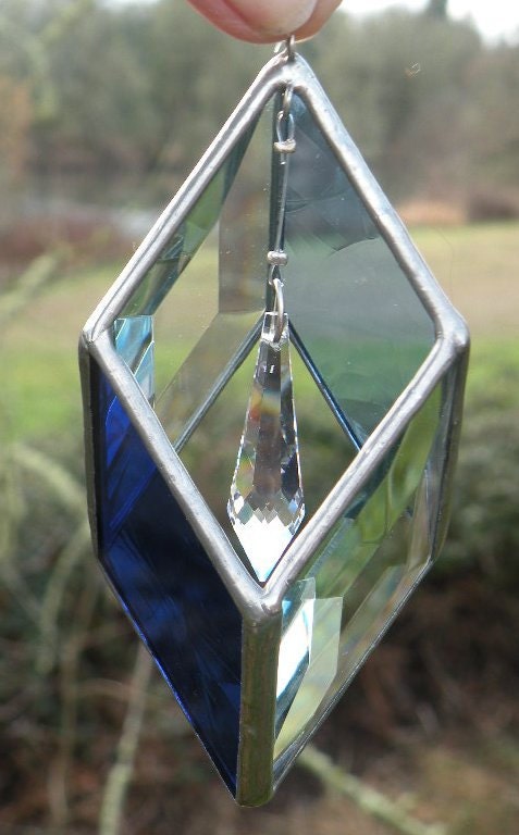 Stained Glass suncatcher 3D with crystals and bevels and blues cobalt