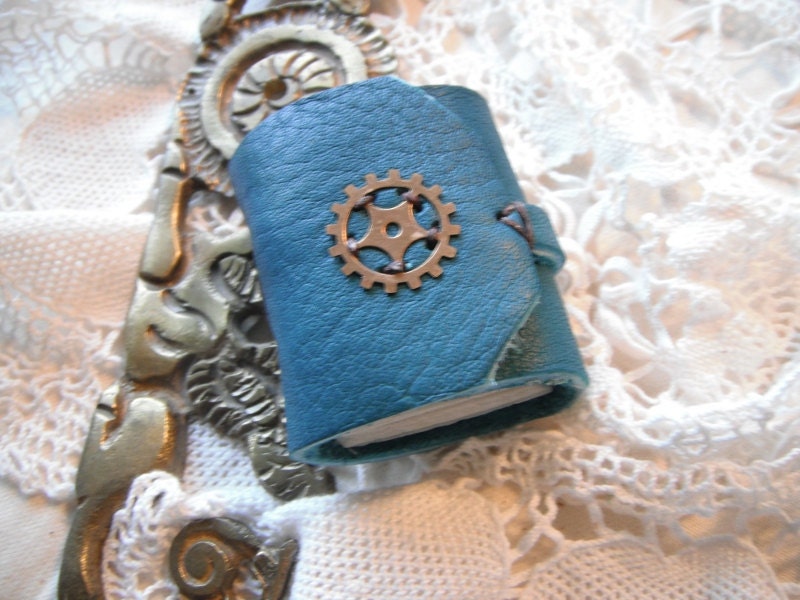 Clockwork in teal - mini leather steampunk journal