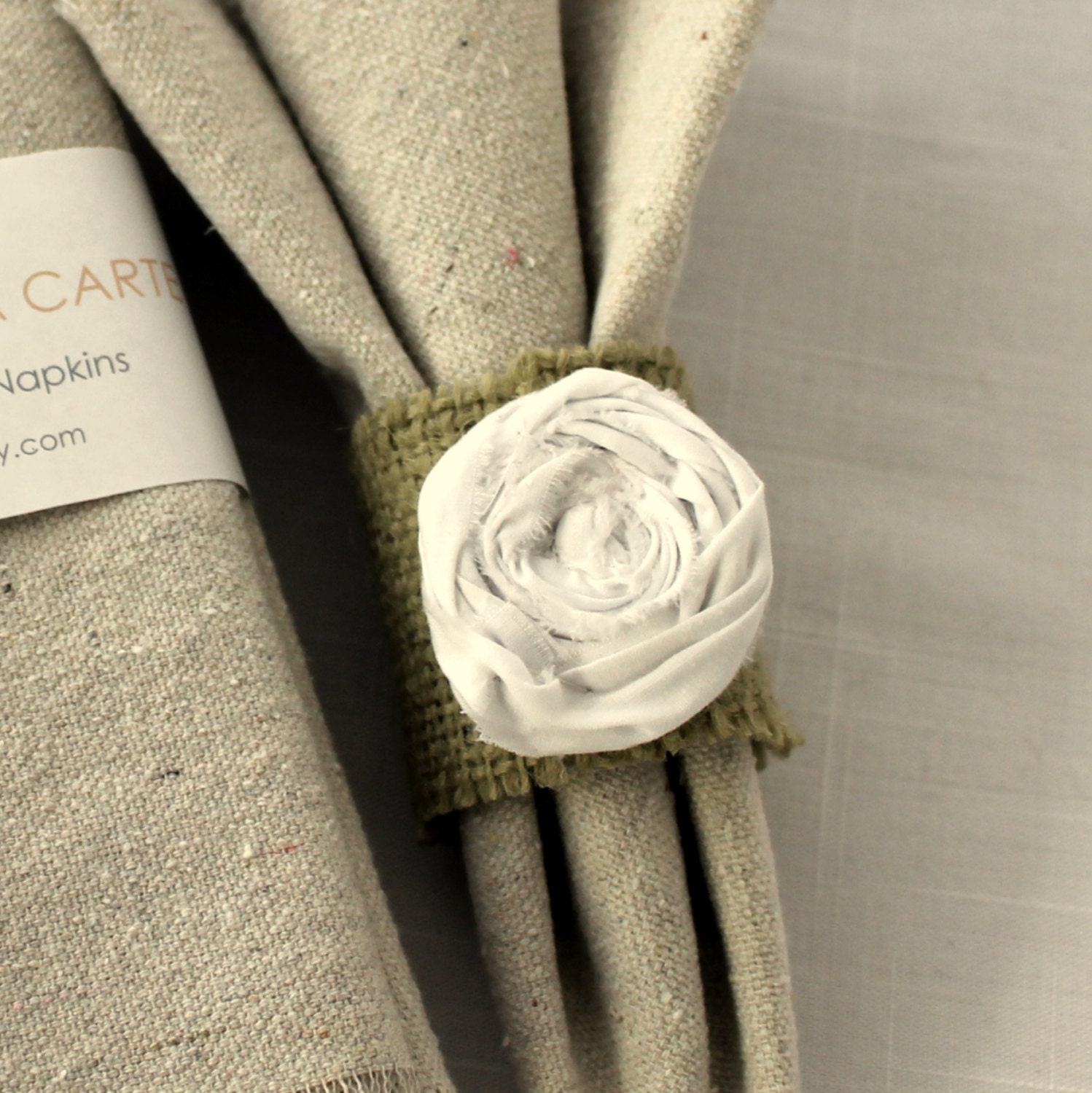 Cloth Napkins and Napkin Rings -12 Cloth Napkins AND 12 Burlap Napkin Rings with White Rolled Rose