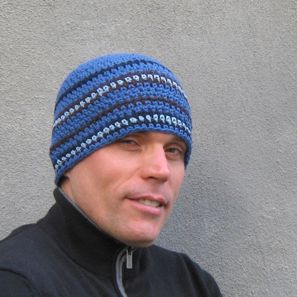 men's crochet beanie/ cobalt blue cotton