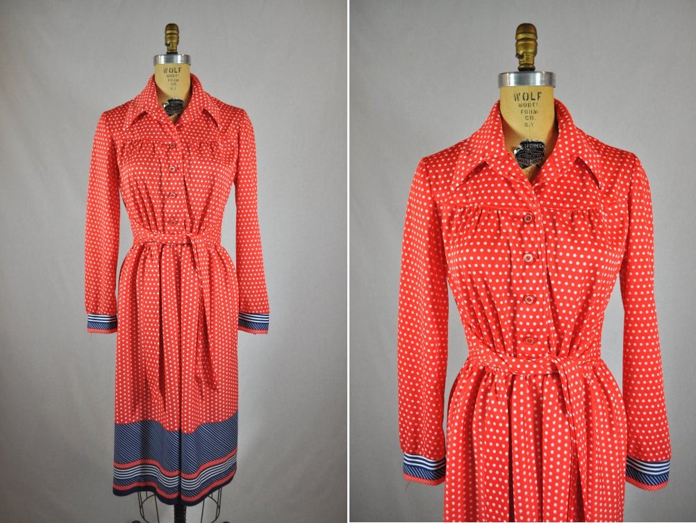 vintage polka dot dress 1970s red long sleeve L
