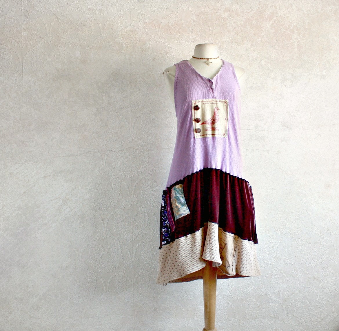 Plus Size Bohemian Dress 1X 2X Slouchy Style Purple Sundress Upcycled Clothing Eco Fashion Wearable Art Tank Dress 'GIGLI'