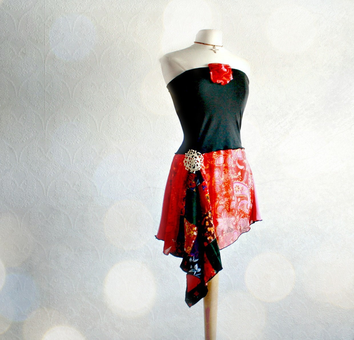 Bohemian Tunic Strapless Top Black Upcycled Shirt Tomato Red Print Gypsy Clothing Eco Women's Clothes Velvet Patchwork Medium 'PENELOPE'