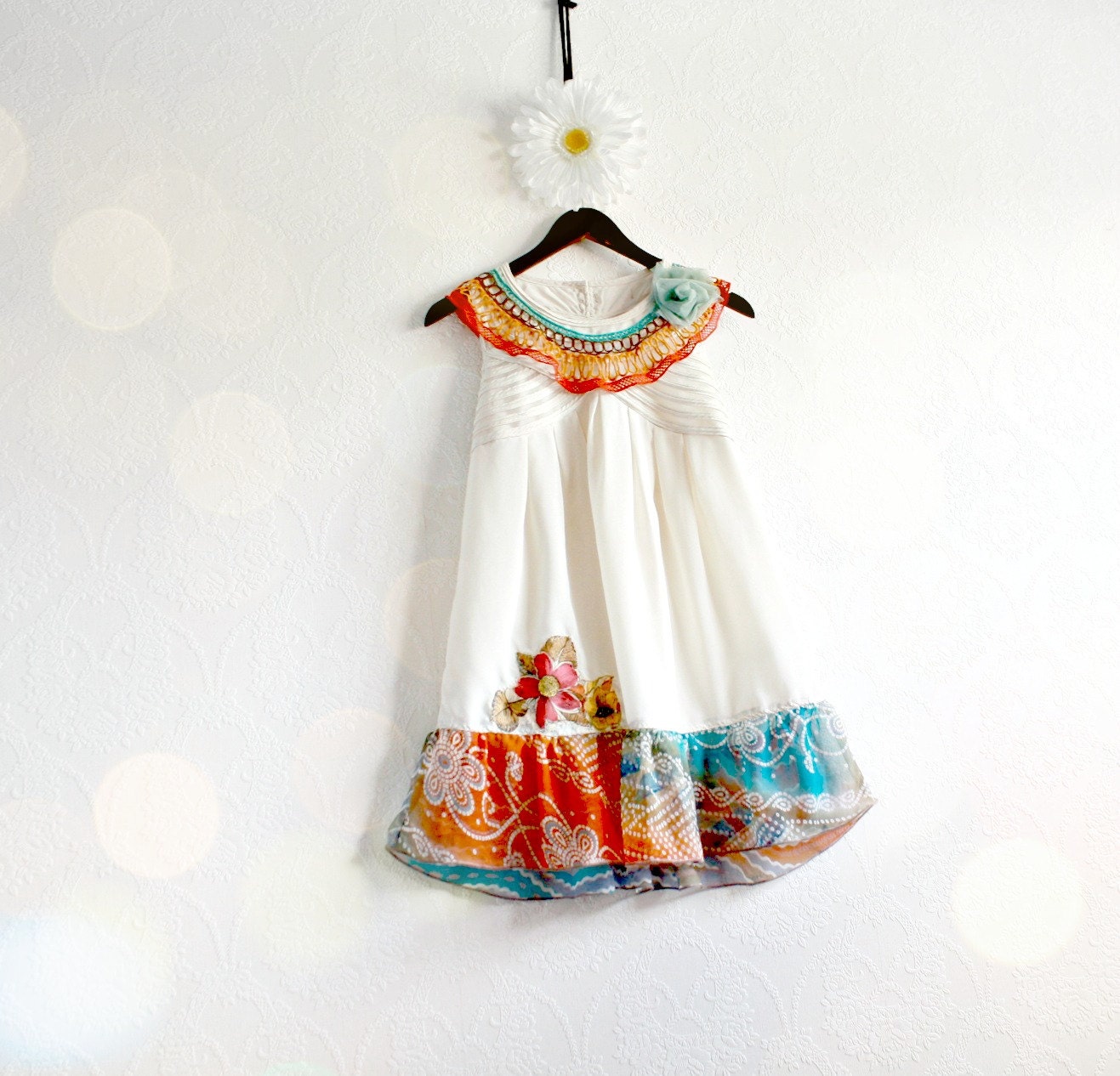 Bohemian Chic Top Cream Babydoll Shirt Orange Teal Women's Blouse Eco Fashion Hippie Peasant Top Recycled Clothing Small Medium 'TIA'