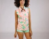 Vintage Floral button up Sleeveless Blouse - Women's Peach Mint