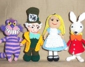 Alice in Wonderland Miniature Dolls Alice, Cheshire Cat, Mad Hatter, White Rabbit