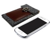 Samsung Galaxy S3 wallet - gray herringbone and brown leather