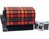Medium DSLR camera bag with padded insert  - dark denim and vintage plaid