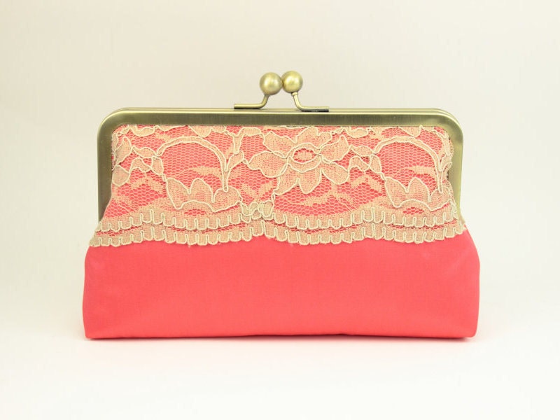 Bridal Clutch Purse / Vintage Inspired Bridal Clutch / Coral Bridesmaid Clutch (Antoinette Clutch : Champagne on Coral)