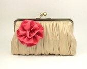 Bridal Clutch / Wedding Clutch / Bridesmaid Clutch Purse (Pomp & Posy Clutch : Coral on Champagne)