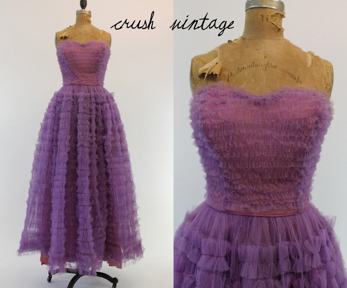 50s Emma Domb Dress Small / 1950s Sweetheart Strapless Dress / Tiers of Tulle Amethyst Gown