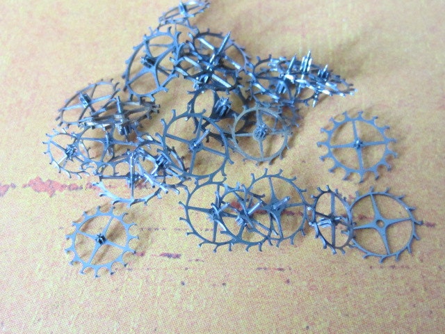 Vintage Antique Watch parts gears- Steampunk - Tiny gears in watch parts vial  - Scrapbooking M85
