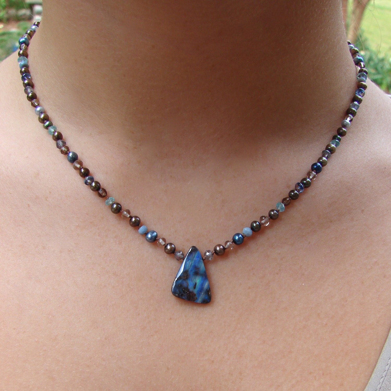Boulder Opal, Gemstone and Pearl Knotted Silk Necklace --Blue
