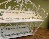 white and green hand painted wicker tea shelf spice rack,  vine pattern