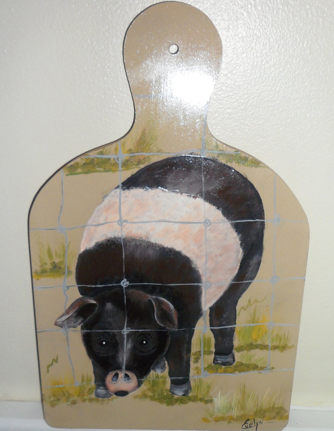 Hand Painted Pig  Hog Cutting Chopping Slicing Wood Bread Board Wall Hanging Upcycled
