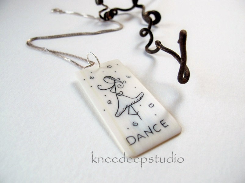 Original Dancer necklace scrimshaw pendant recycled ivory piano key abstract line drawing eco friendly jewelry one of a kind - KneeDeepOriginals