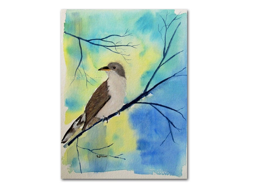 Cuckoo Bird watercolor painting 9x12 original fine art soft spring colors blue yellow wall decor