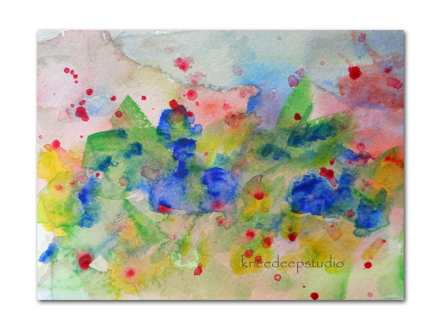 Colorful Abstract watercolor 4x6 painting in mat Garden Song fine art original cobalt rainbow
