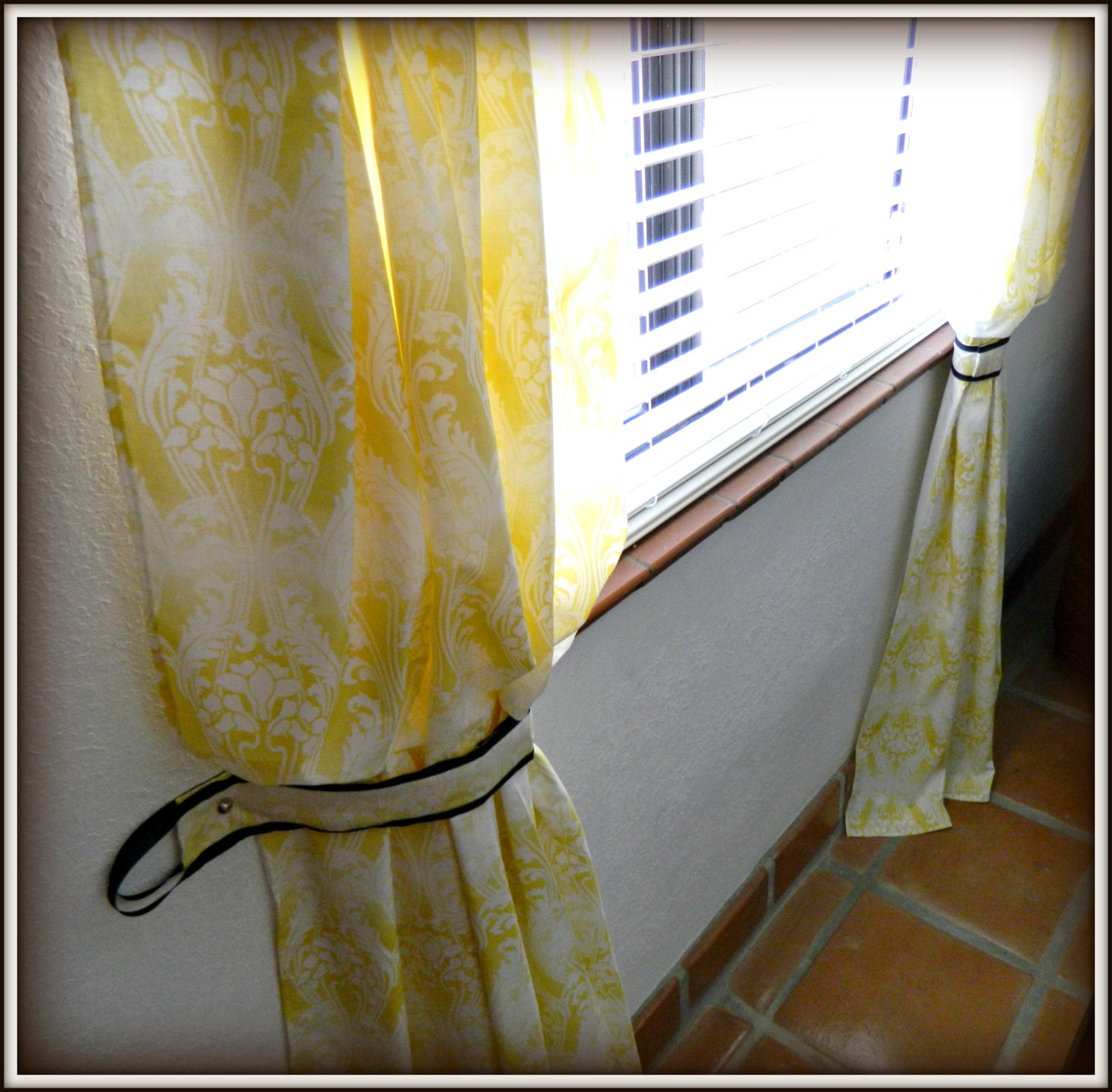 Curtains Couture-CAITLIN STYLE-Tie Back in Yellow Damask and Black Ribbon Trim