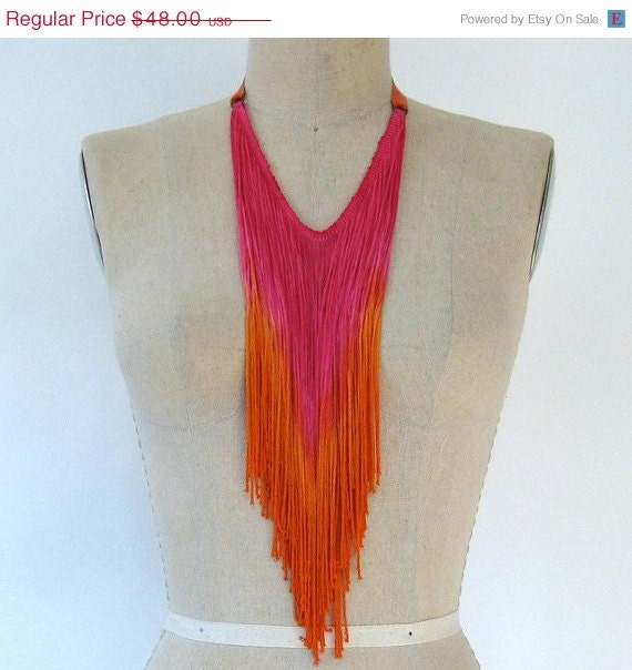 50% OFF SALE Flamingo Pink Tangerine Fringe Necklace