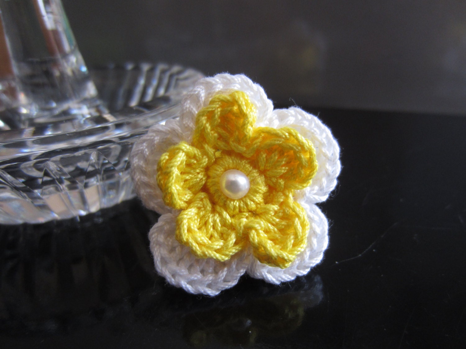 Crochet Flower Ring, Trendy Yellow Cotton Ring, Yellow & White With Pearl,  Bridesmaid Gift, Birthday Gift