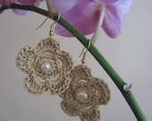 Crochet Flower Earrings, Desert Sand French Cotton &  Fresh Water Pearls, Dangling, Boho Chic, Women, Teens