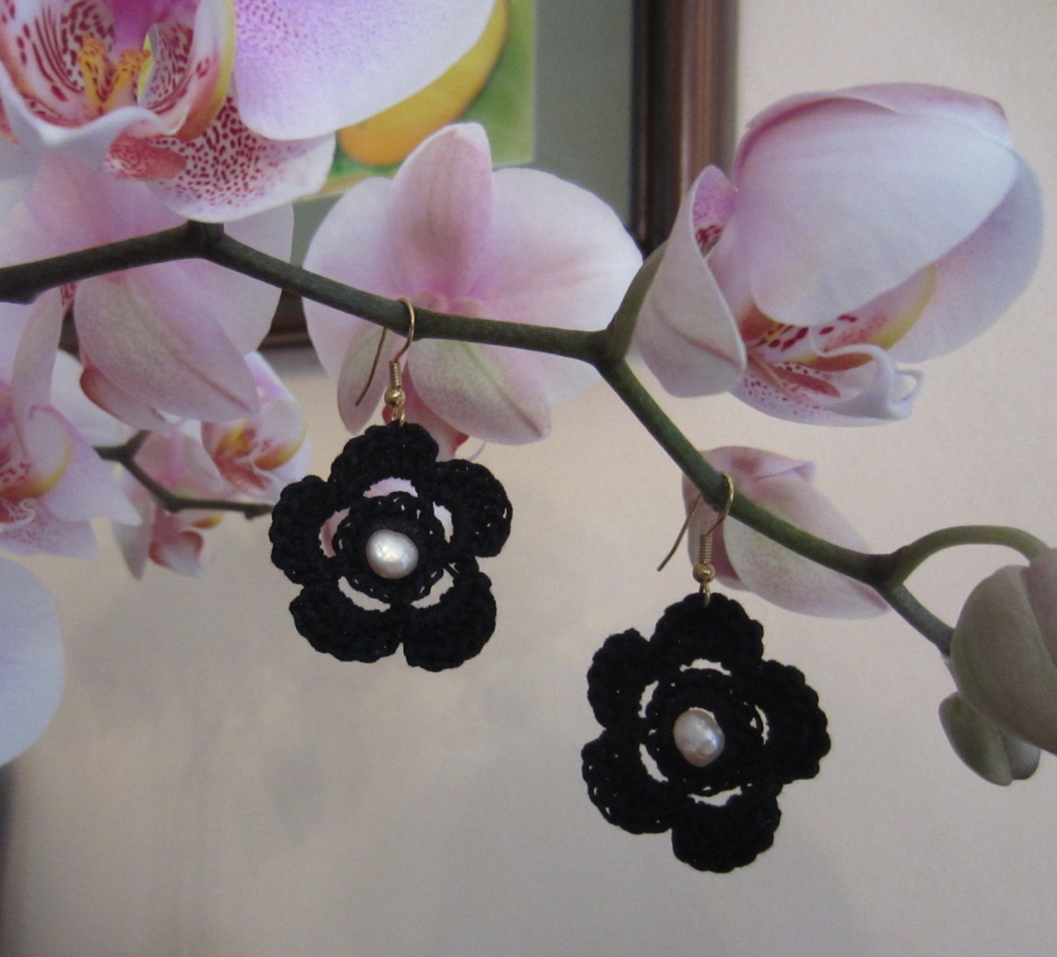 Crochet Flower Earrings, Black French Cotton &  Fresh Water Pearls, Dangling, Trendy,  Women, Teens