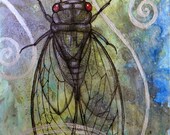 Framed Original Mixed Media Painting Cicada Insect Animal Art