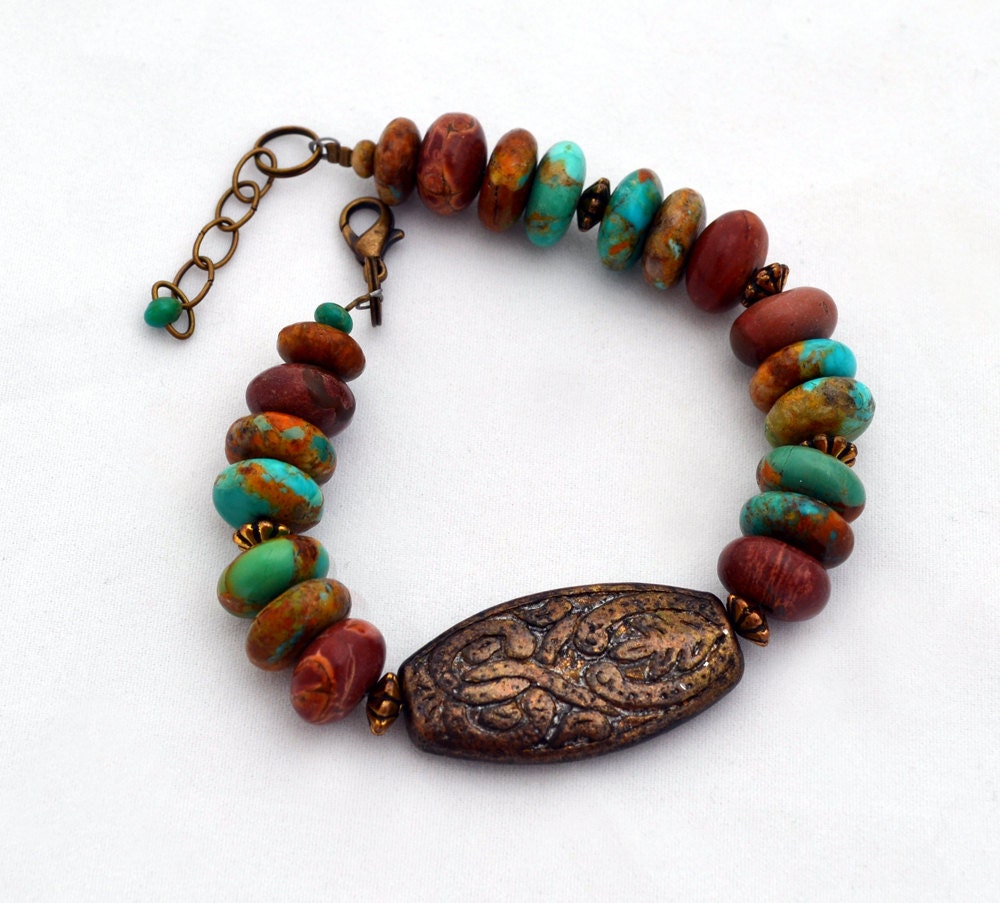 Kingman Turquoise, Red River Jasper, Vintage Beads and Brass Stone Asymmetrical Bracelet