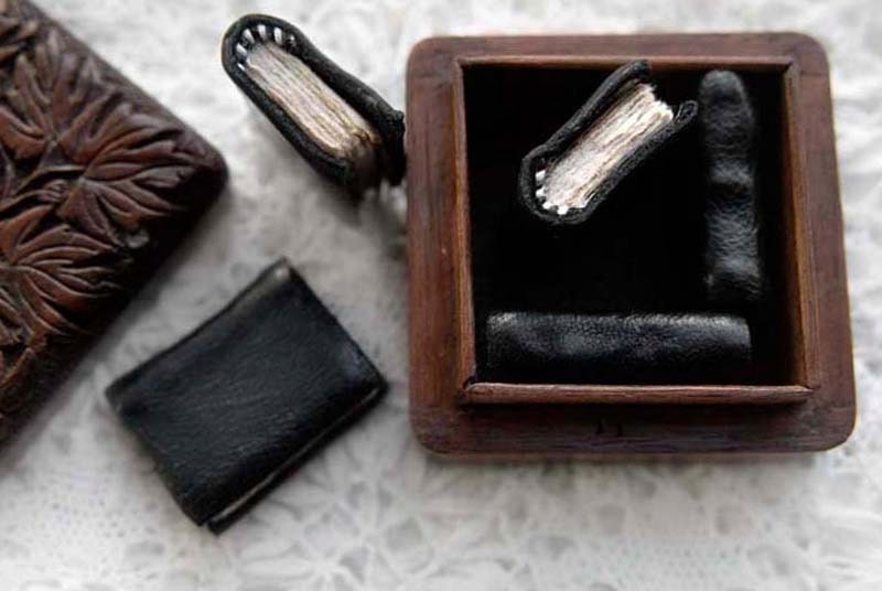 The Bibliographica Quintuplets - Set of 5 Miniature Black Leather Books, Miniature Library, Tea Stained Pages, Vintage Wooden Box, OOAK