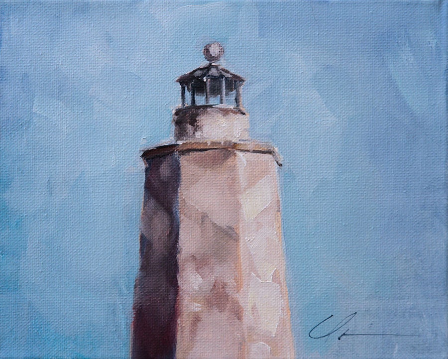 Baldhead Island Lighthouse, Old Baldy, North Carolina, Coastal, Light House, Beach, Ocean, Original Painting by Clair Hartmann