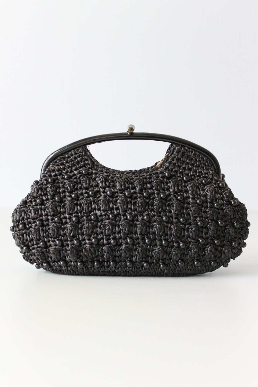 1960s Handbag / 60s Black Handbag / Beaded Purse / Raffia Purse / Jet