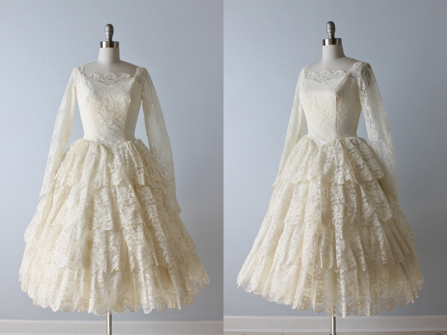Vintage 1950s Wedding Dress / Tea Length Wedding Dress / 50s Lace Dress / Buttercream
