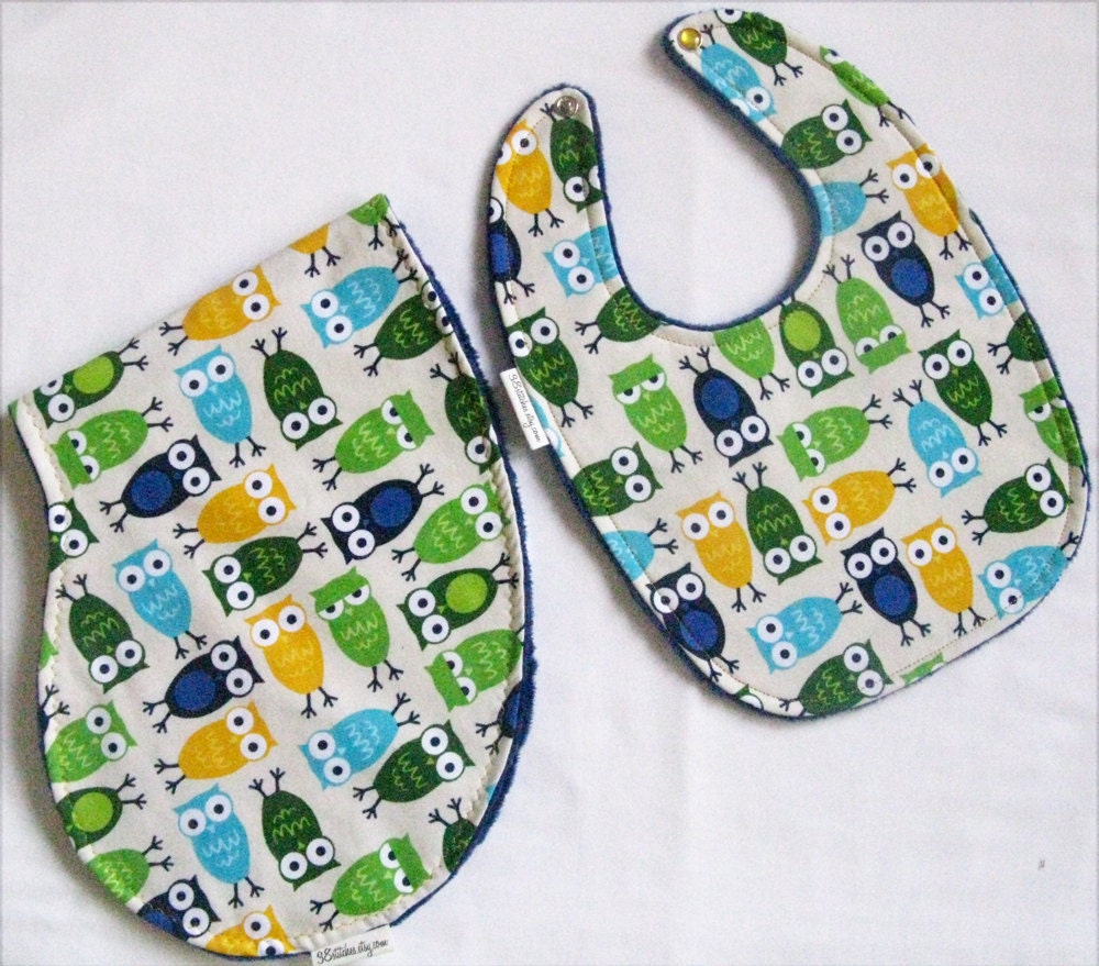 Matching Burp Cloth and Baby Bib - Urban Owls on Midnight Blue Minky