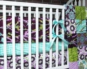 Baby Crib Bedding, 3-piece, Minky Dot crib quilt, bumper and skirt, Aviary 2 in lilac, Girl, PLUSH for baby