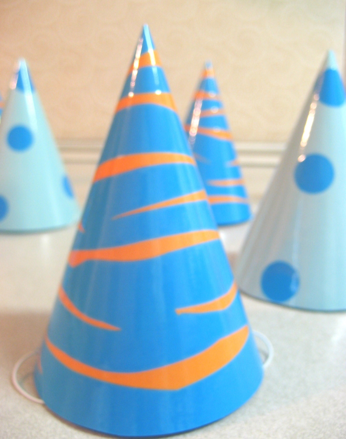 Set of 12 PARTY HATS - Zebra Print and Polka Dots - Custom Colors and Pattern to Match Your Birthday Banner and Theme Il_570xn
