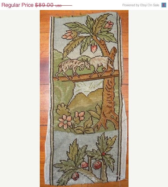 SURPRISE 30% Off Sale- Pretty Antique French La Fontaine Fairytale Needlepoint Border