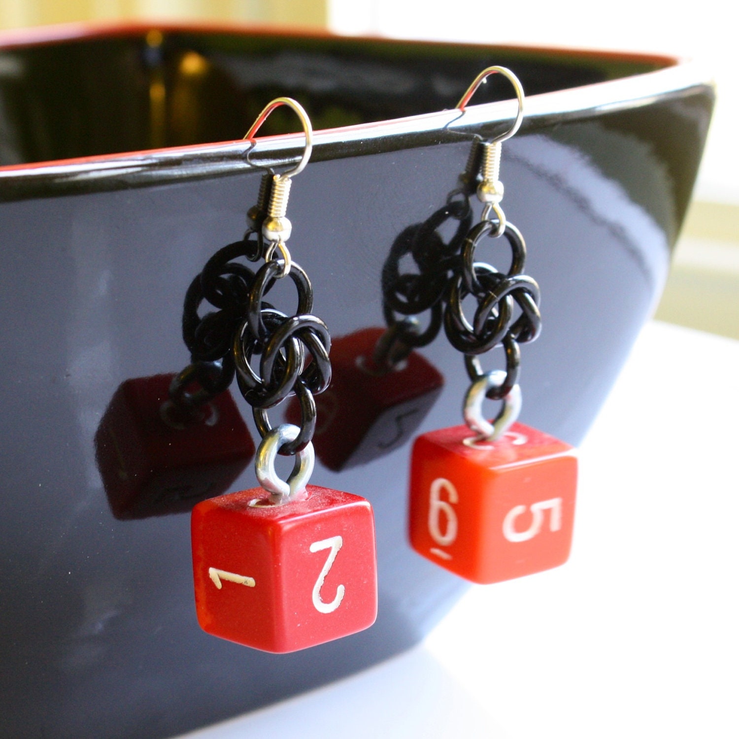 Red and White d6 Chainmail Earrings